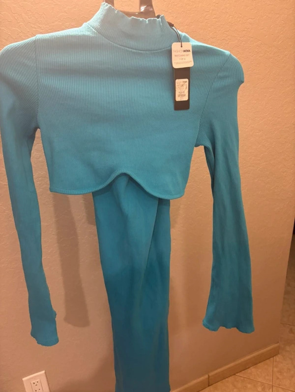 Snatched Blue Ribbed Mock Neck Crop Top & Maxi Skirt Set - Size XL